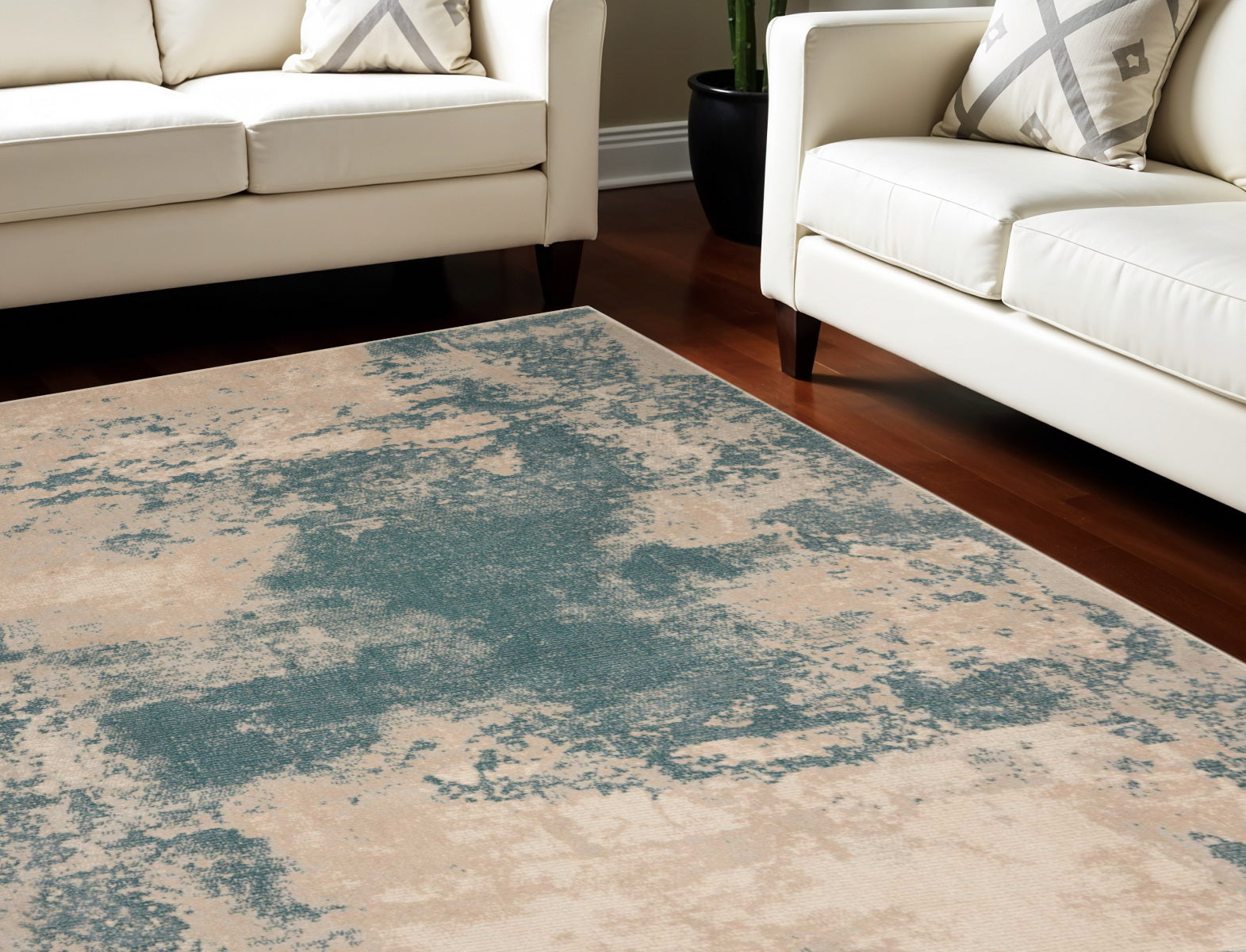 9' X 13' Ivory and Teal Blue Abstract Non Skid Area Rug