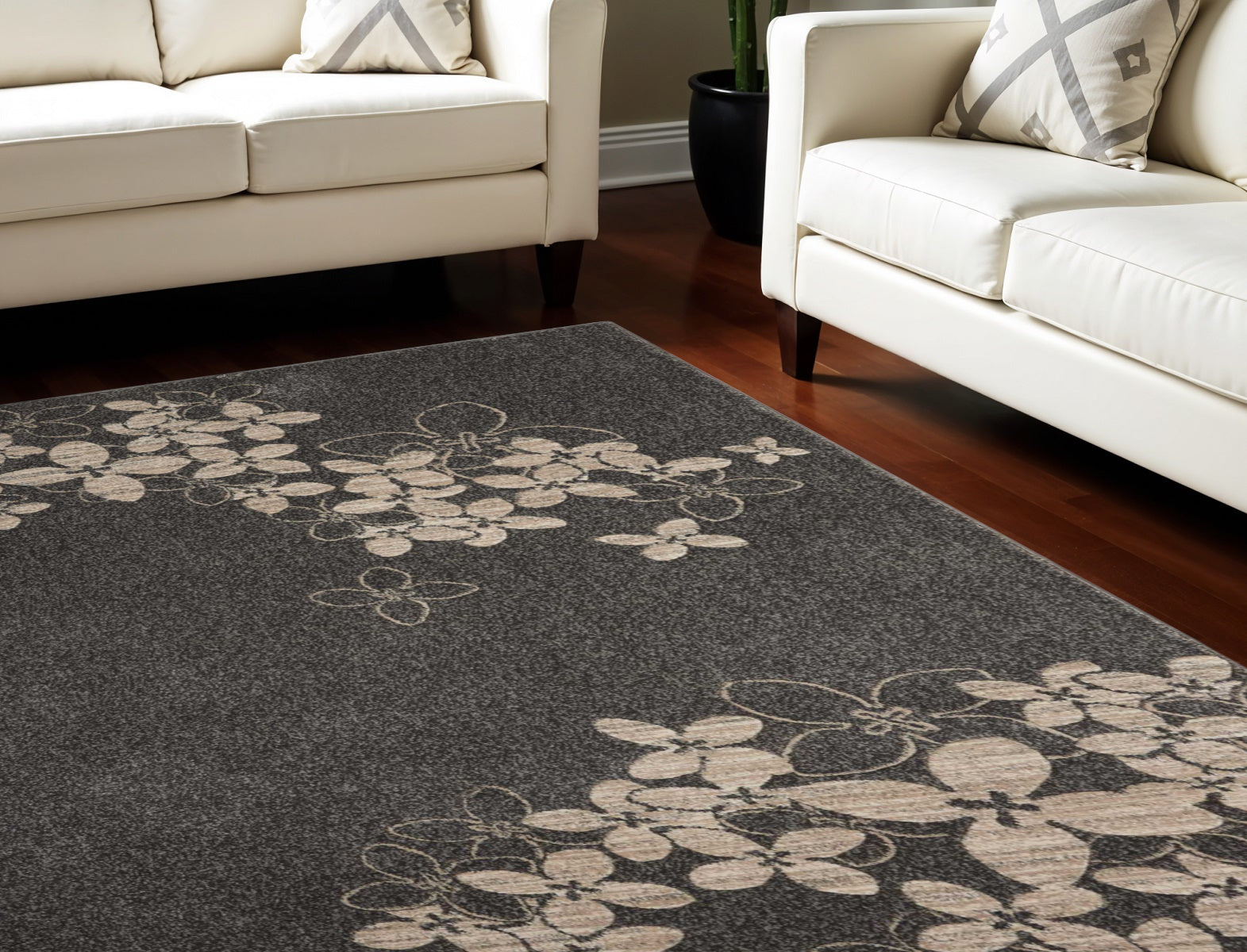 9' X 13' Beige and Charcoal Floral Non Skid Area Rug