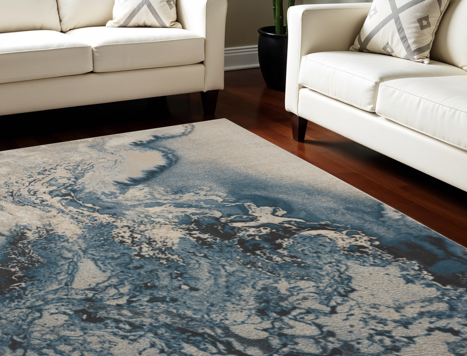9' X 13' Ivory Teal Blue and Black Abstract Non Skid Area Rug