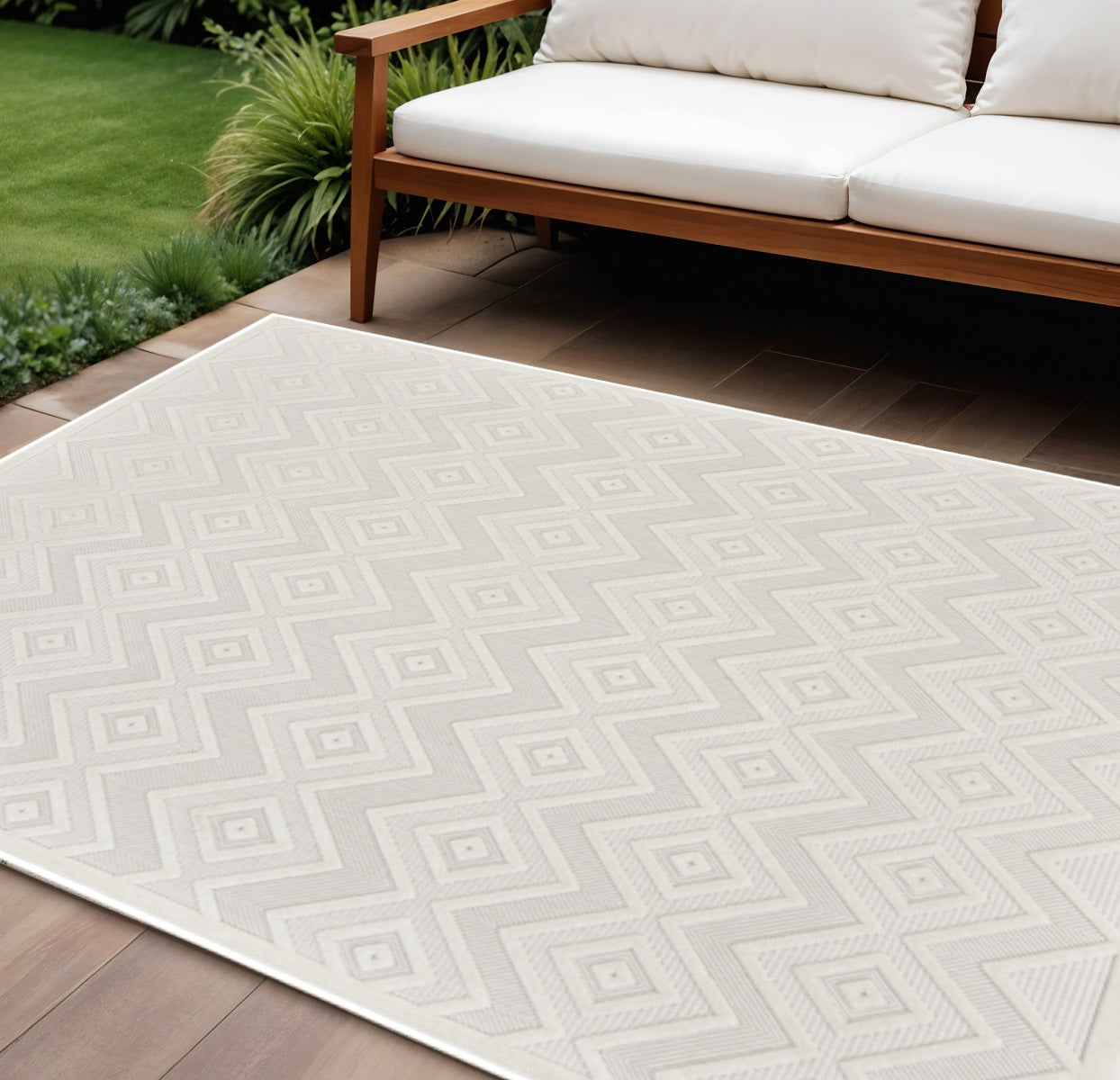 12 X 15 Ivory And White Geometric Indoor Outdoor Area Rug