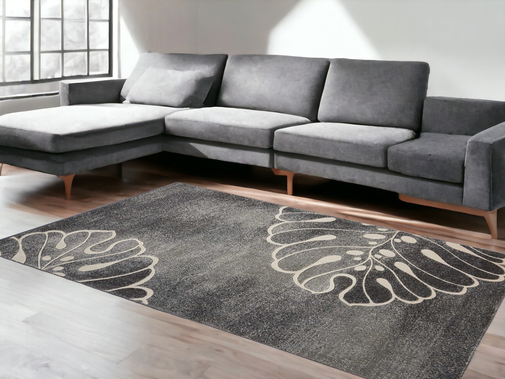 9' X 13' Ivory Black and Gray Botanical Leaves Non Skid Area Rug