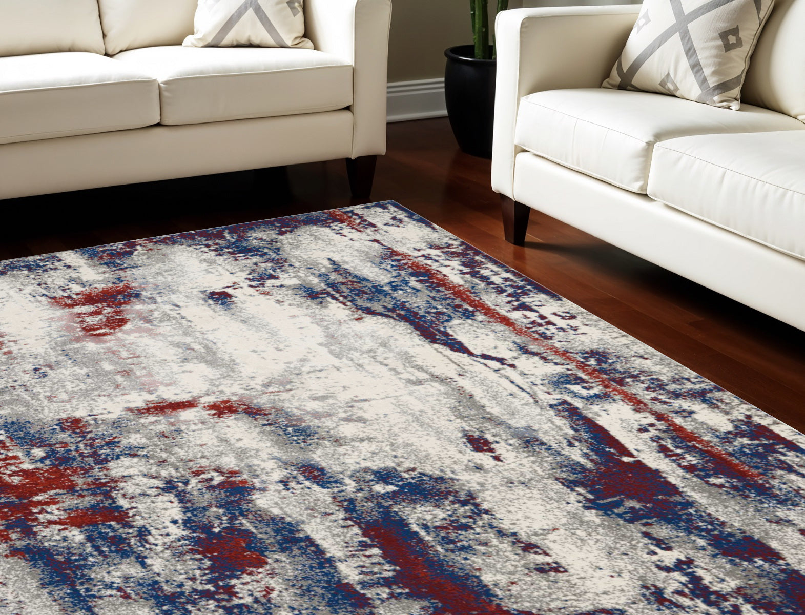 9' X 13' Ivory Red and Blue Abstract Non Skid Area Rug