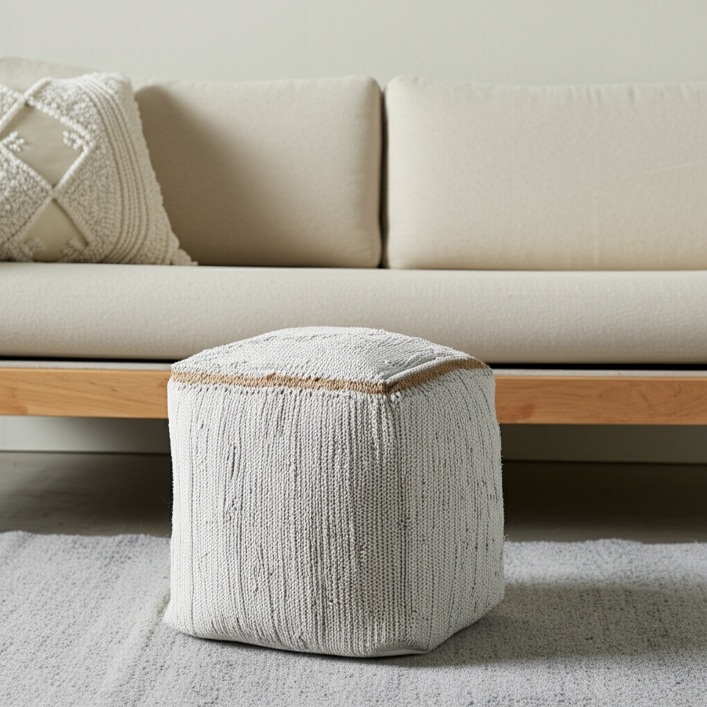 18'' Gray and Natural Cotton And Jute Cube Pouf Ottoman