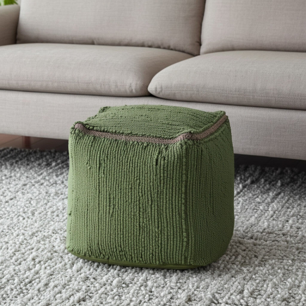 18'' Moss Green And Natural Cotton And Jute Cube Pouf Ottoman