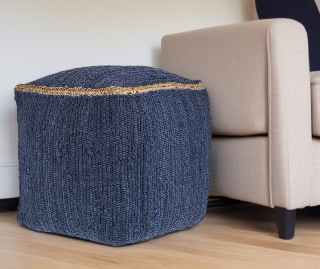 18'' Indigo Cotton And Jute Cube Pouf Ottoman