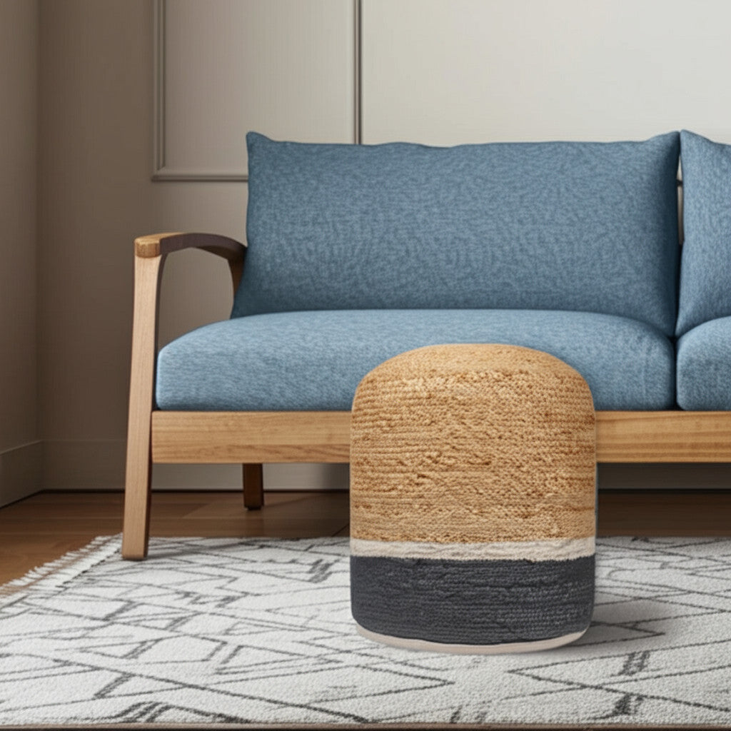 18'' Natural And Gray Jute Blend Cylinder Striped Pouf Ottoman