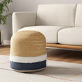 18'' Natural And Navy Blue Jute Blend Cylinder Striped Pouf Ottoman