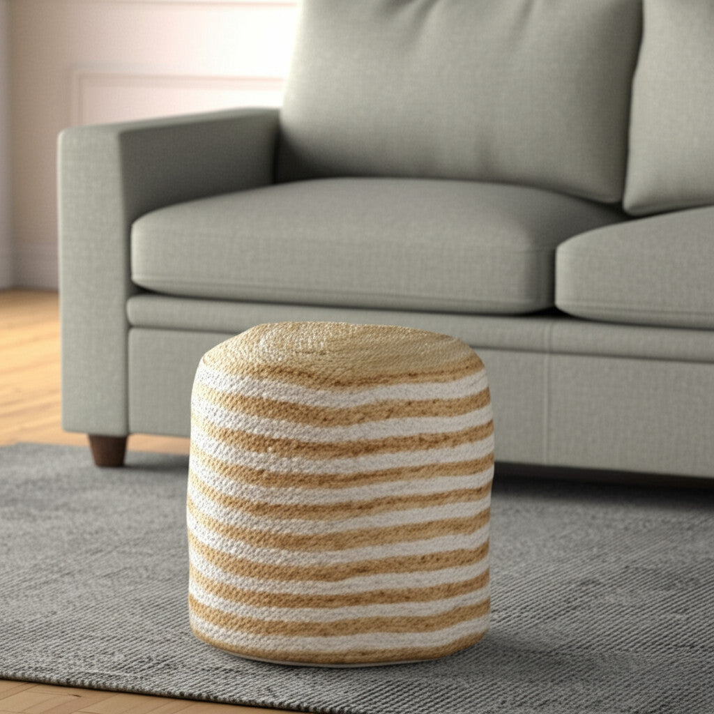 18'' Natural And White Jute Blend Cylinder Striped Pouf Ottoman