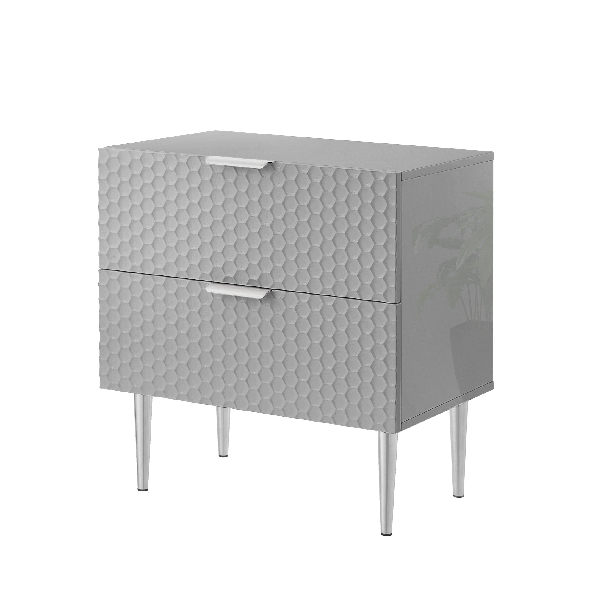 24'' Gray And Silver Wood And Stainless Steel End Table With Two Drawers
