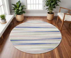 8' Ivory Tan and Blue Striped Round Rug