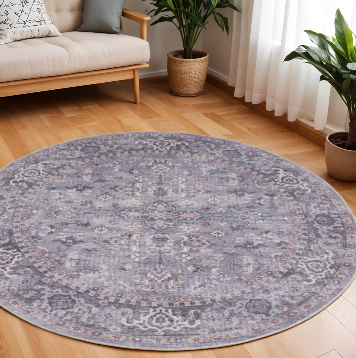 8' Gray Round Floral Power Loom Distressed Area Rug