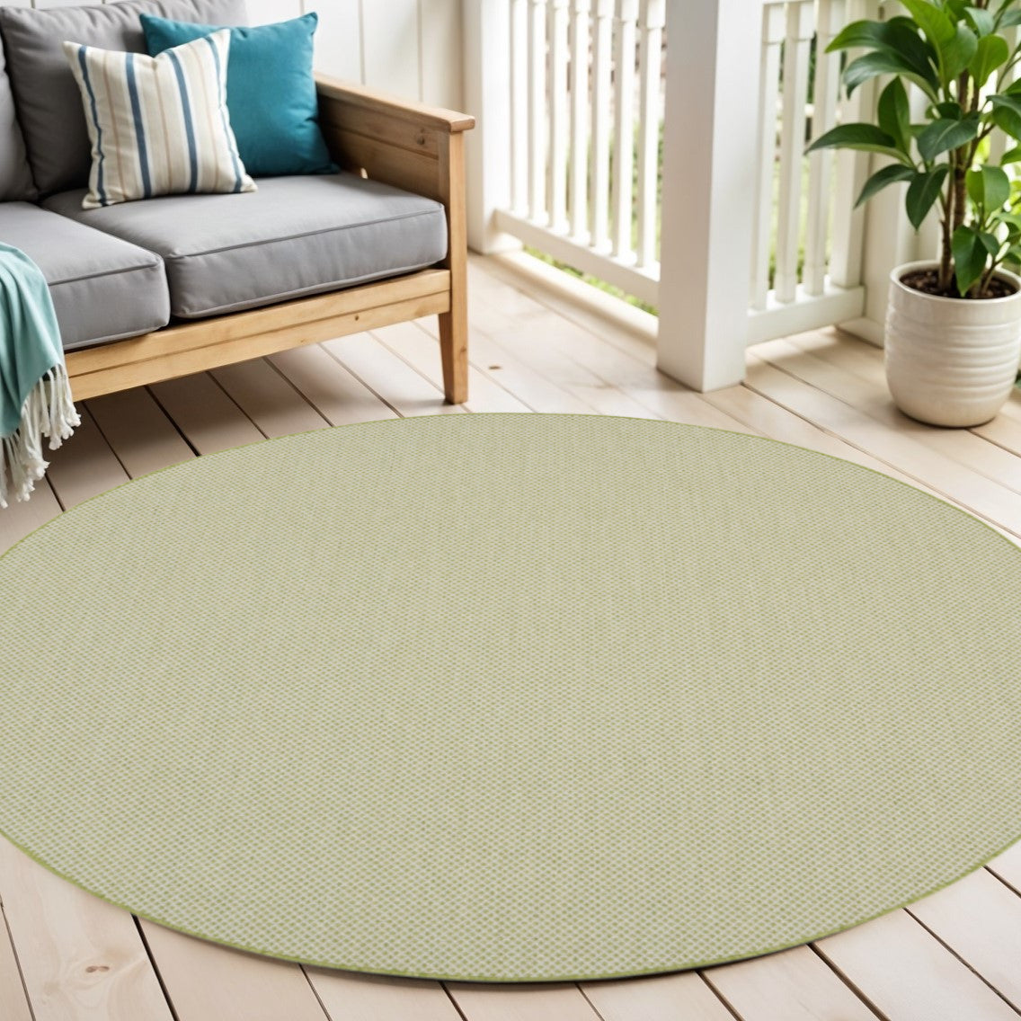 6 Ivory And Green Round Geometric Indoor Outdoor Area Rug