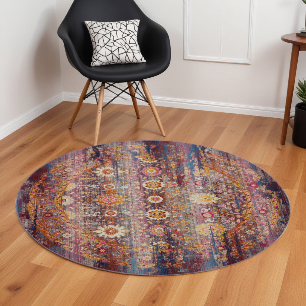 6' Blue Yellow And Red Floral Distressed Non Skid Round Rug