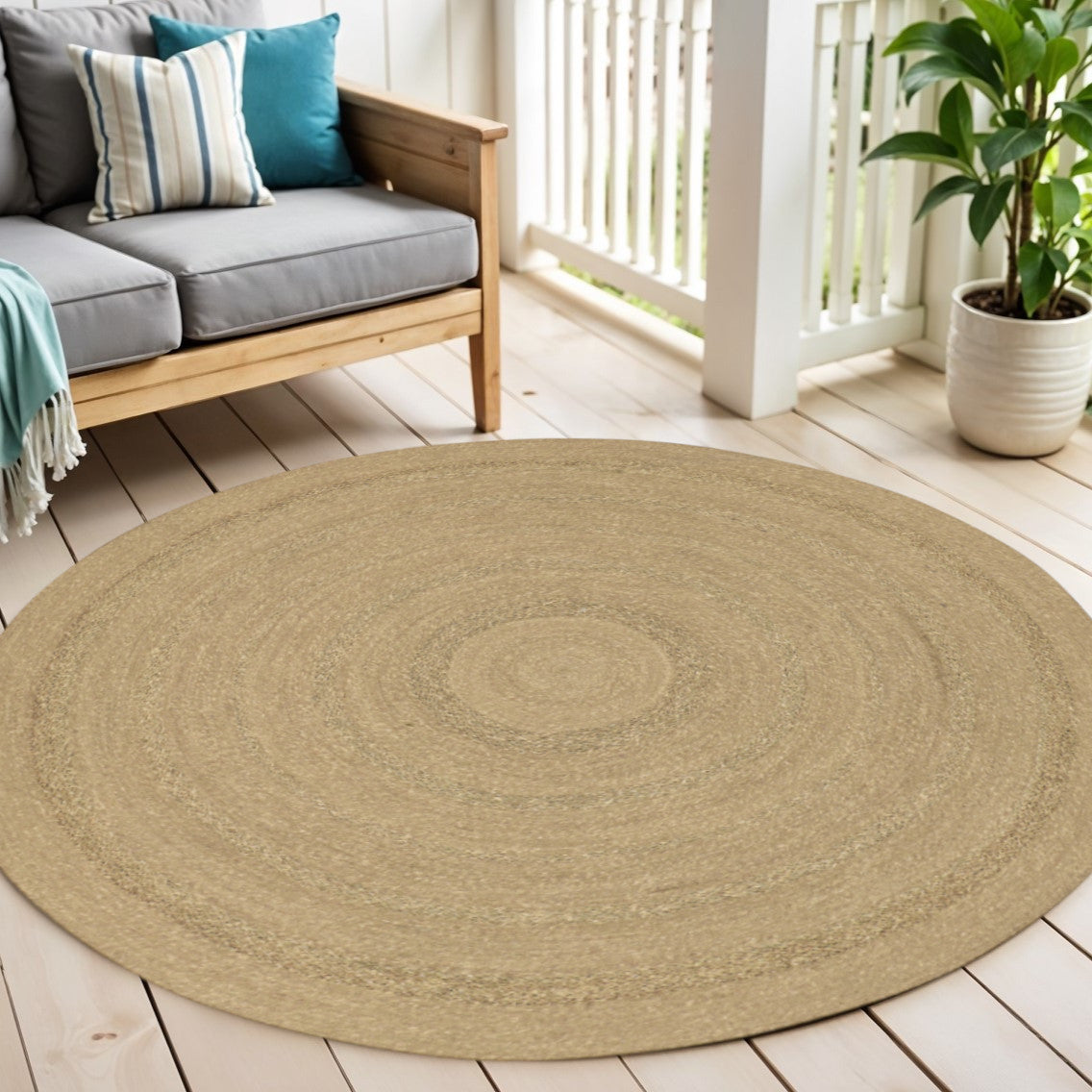 6 Natural And Brown Round Handmade Indoor Outdoor Area Rug