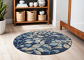 5' Navy Blue and Beige Botanical Leaves Round Rug