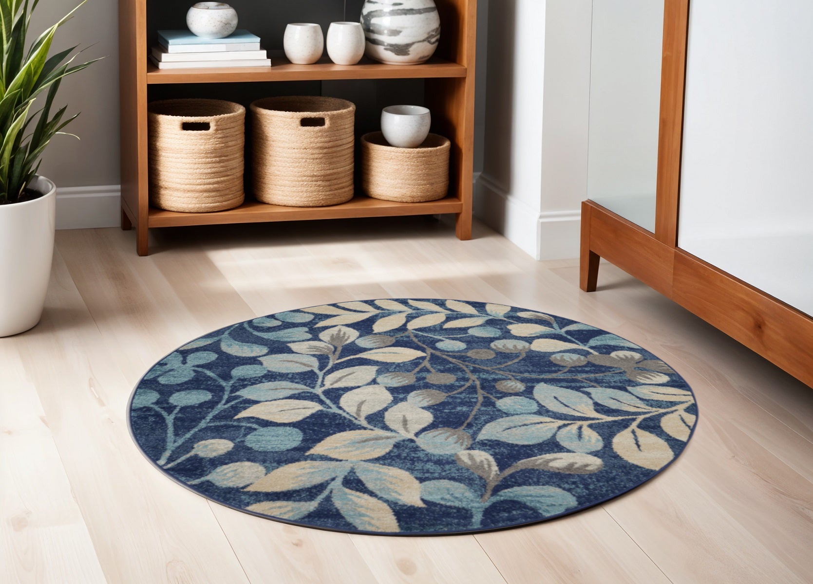 5' Navy Blue and Beige Botanical Leaves Round Rug