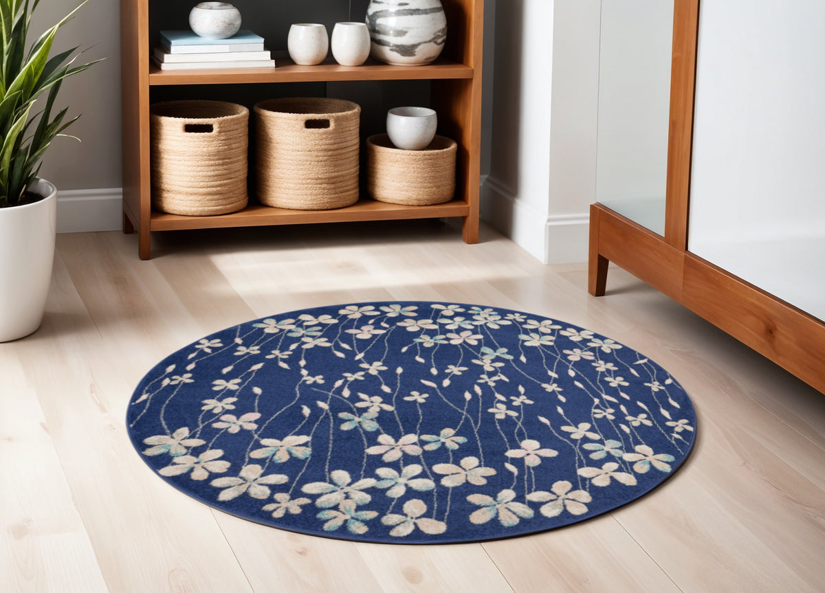 5' Navy Blue and Ivory Floral Round Rug