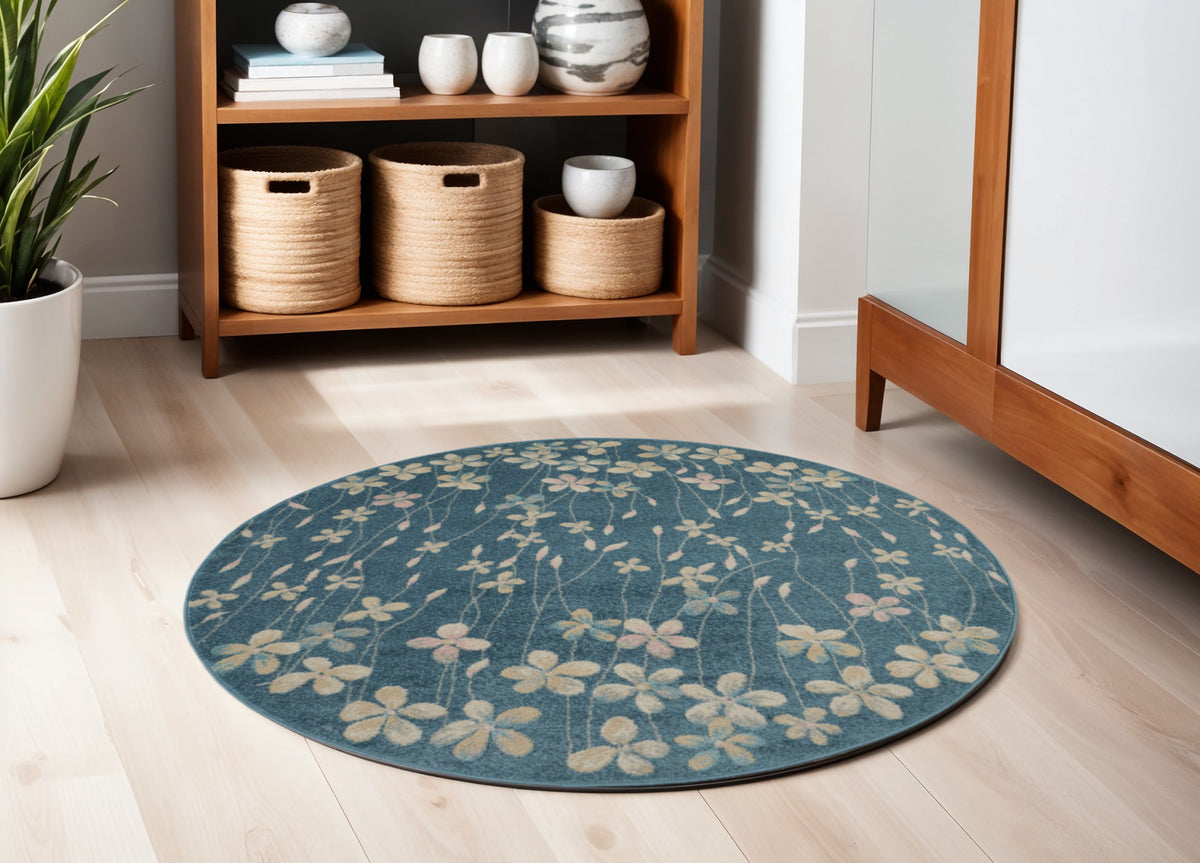 5' Turquoise and Cream Botanical Leaves Round Rug