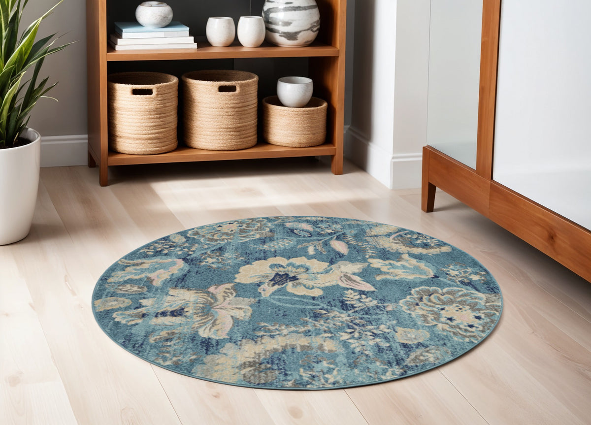 5' Turquoise Cream and Navy Blue Floral Distressed Round Rug