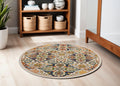 5' Ivory and Blue Round Floral Power Loom Area Rug