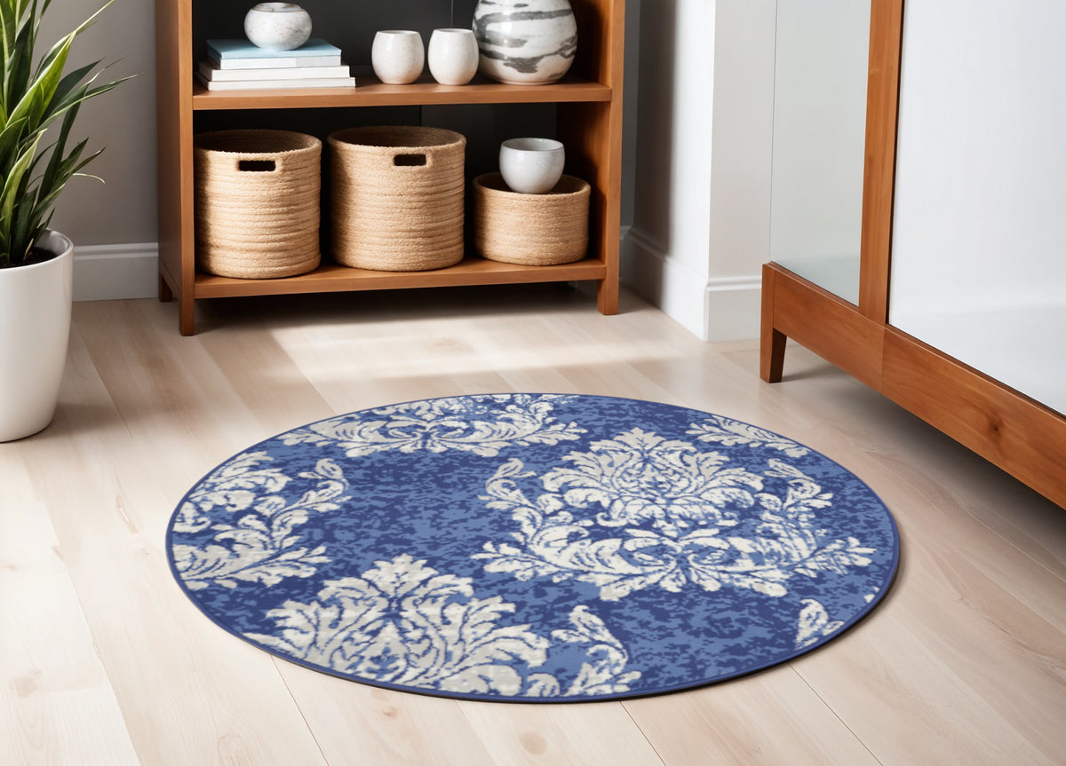 5' Navy Blue and Ivory Damask Distressed Round Rug