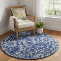 5 Blue And White Floral Distressed Round Rug