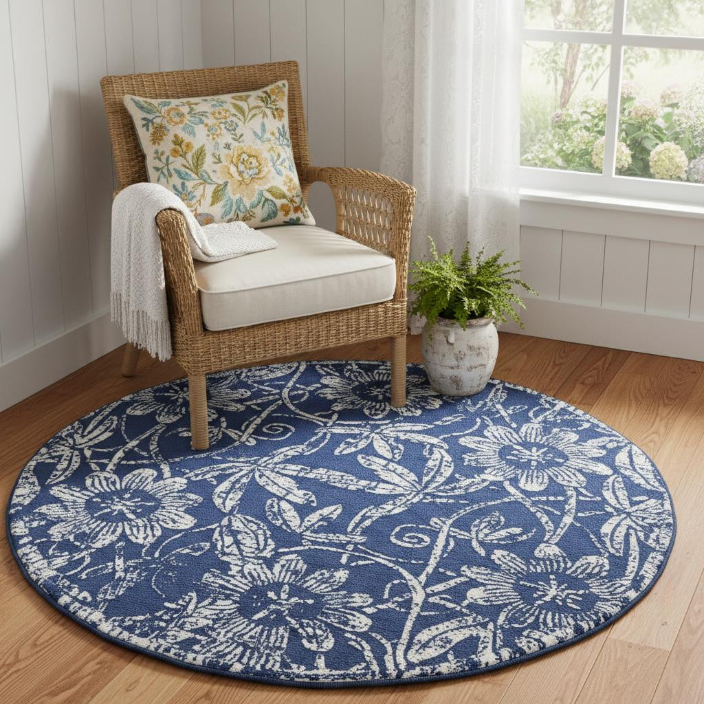 5 Blue And White Floral Distressed Round Rug
