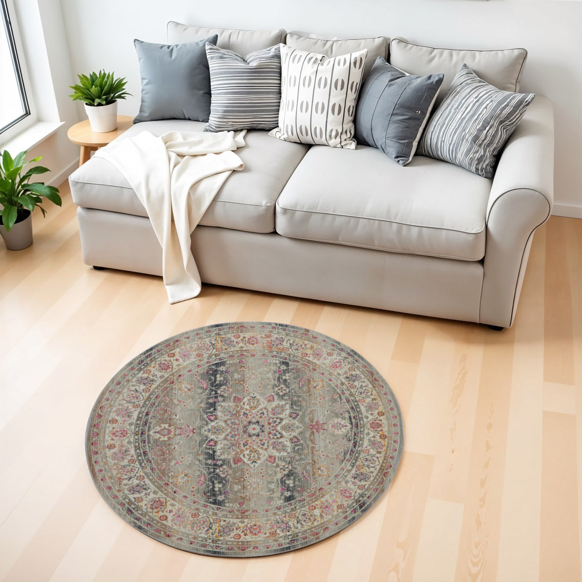 4' Ivory Brown And Gray Floral Distressed Round Rug