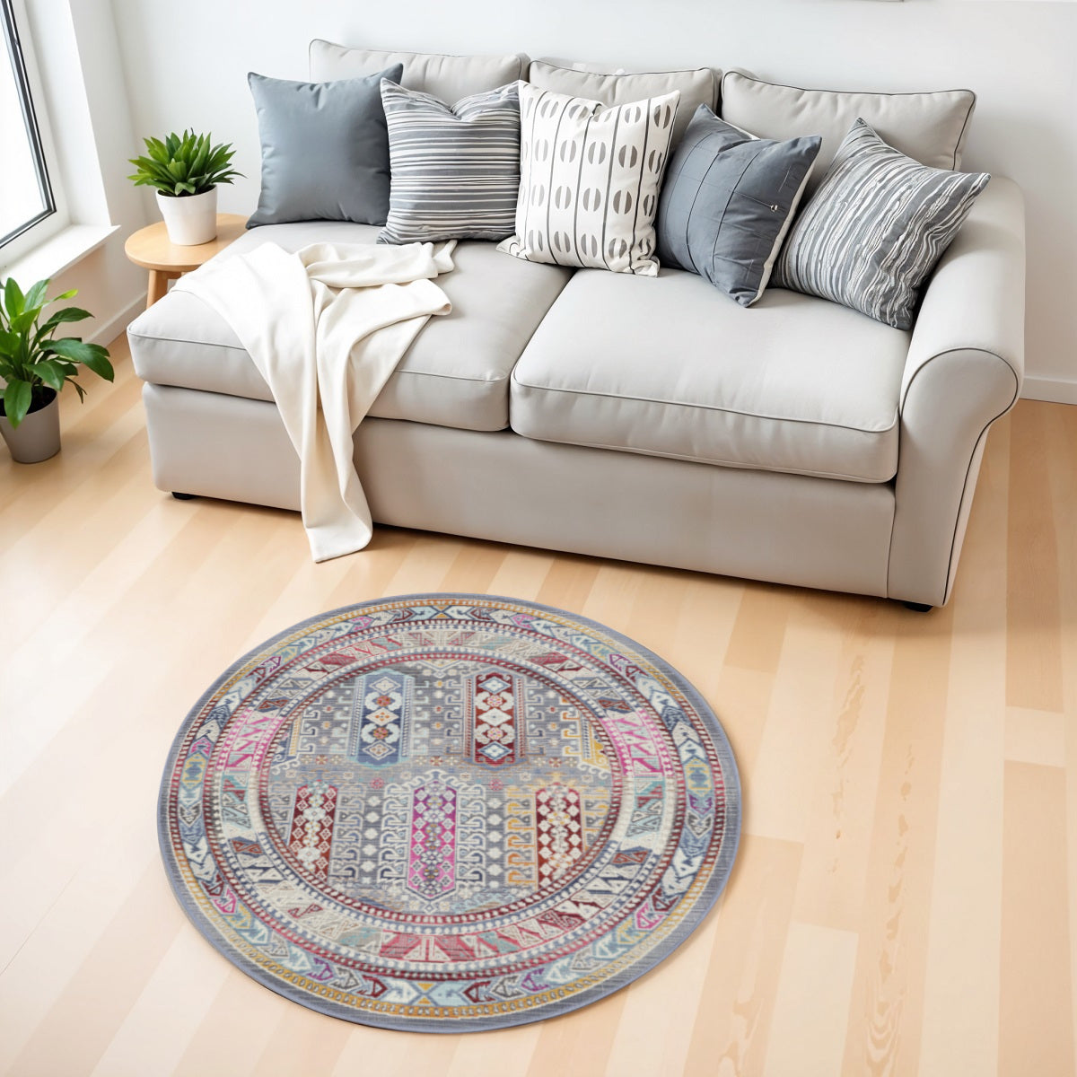 4' Ivory Gray And Red Floral Distressed Round Rug
