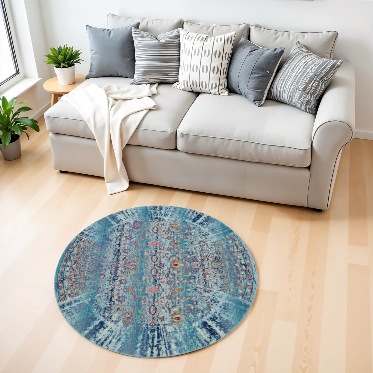 4' Blue Red And Orange Floral Distressed Round Rug