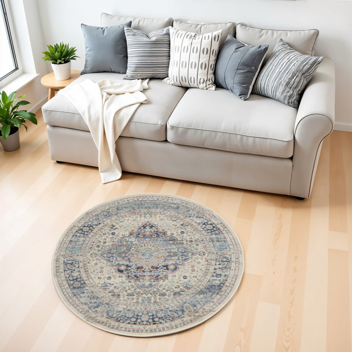 4' Ivory Blue And Orange Floral Distressed Round Rug