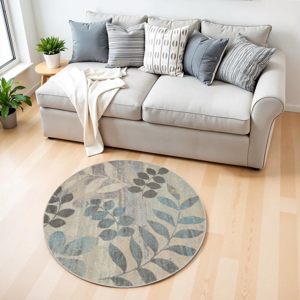 4' Ivory Gray And Blue Botanical Leaves Round Rug