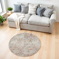 4' Ivory Red and Blue Damask Distressed Round Rug