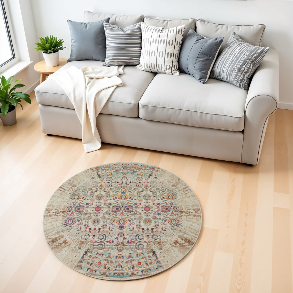 4' Ivory And Brown Floral Distressed Round Rug