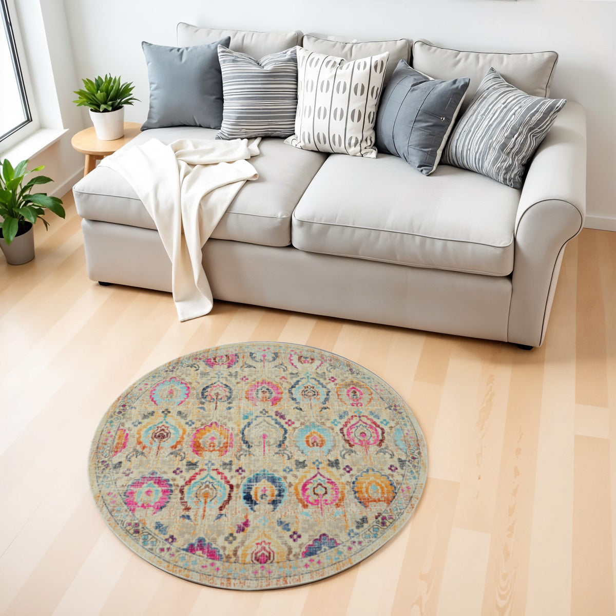 4' Ivory Pink And Orange Floral Distressed Round Rug