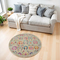 4' Ivory Pink And Orange Floral Distressed Round Rug