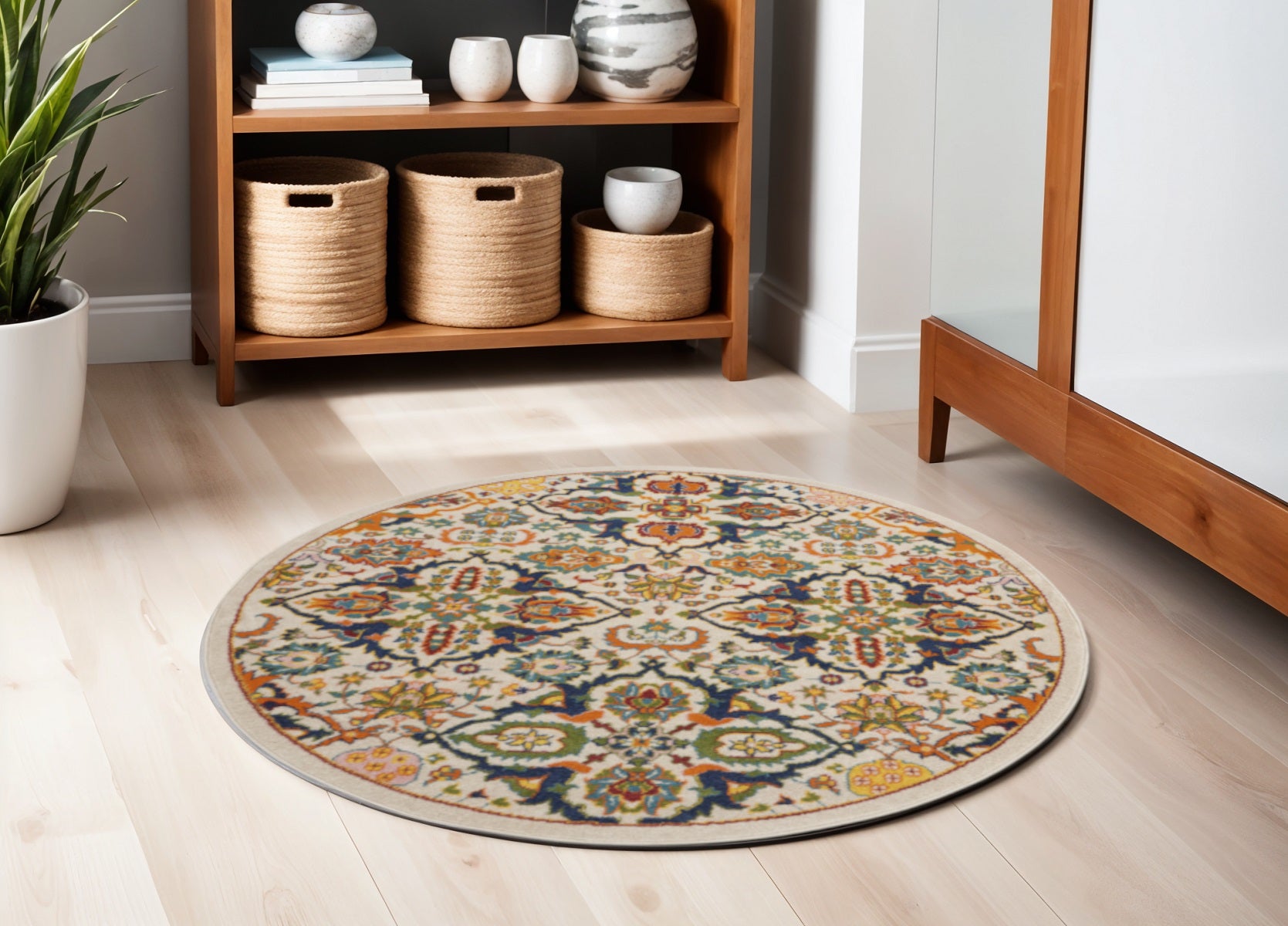 4' Ivory and Blue Round Floral Power Loom Area Rug