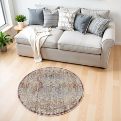 4' Ivory Red And Orange Geometric Distressed Round Rug