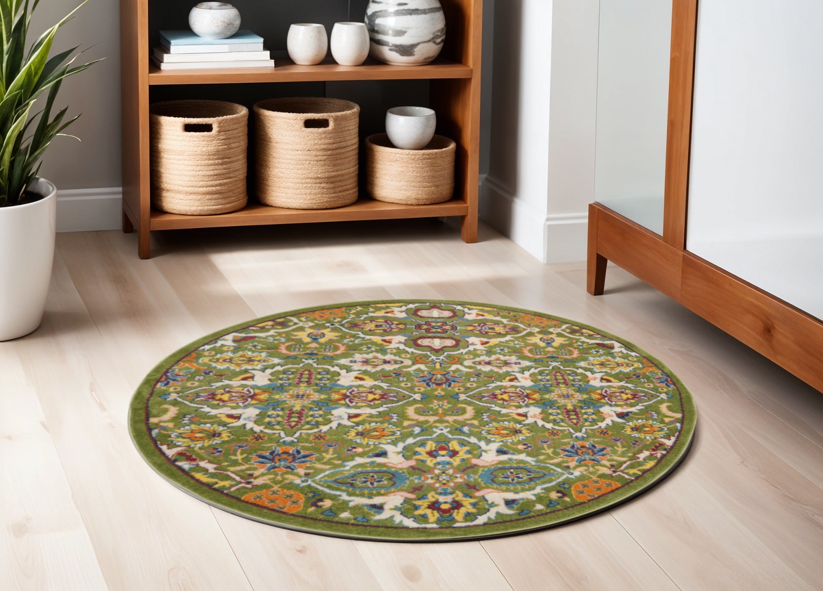 4' Green Yellow Blue and Red Round Floral Power Loom Area Rug