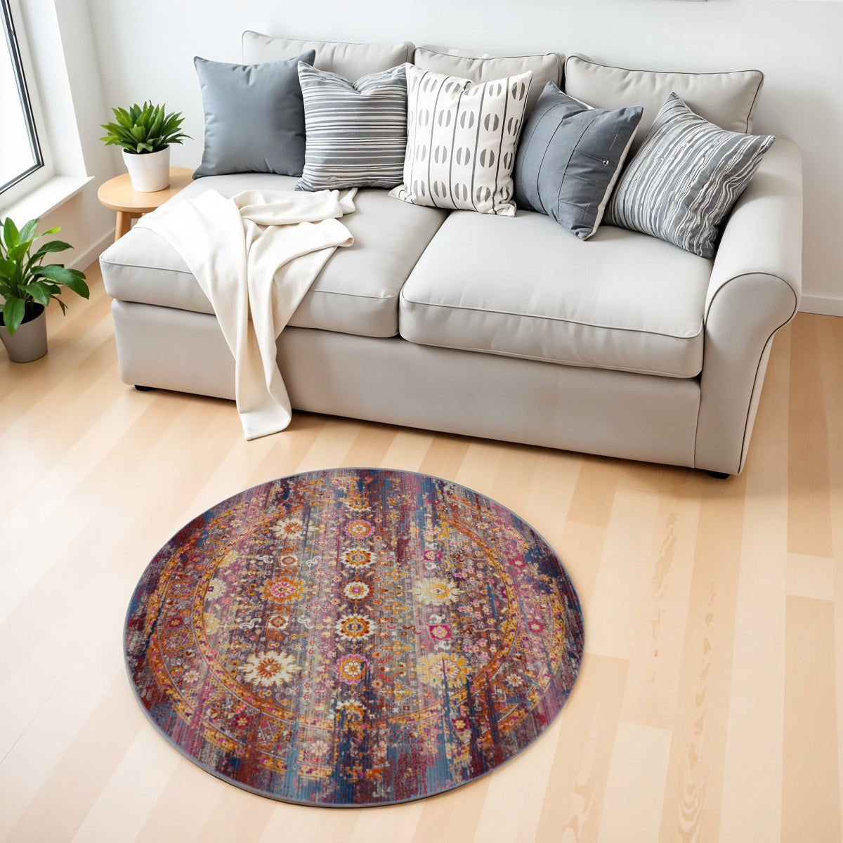 4' Blue Yellow And Red Floral Distressed Round Rug