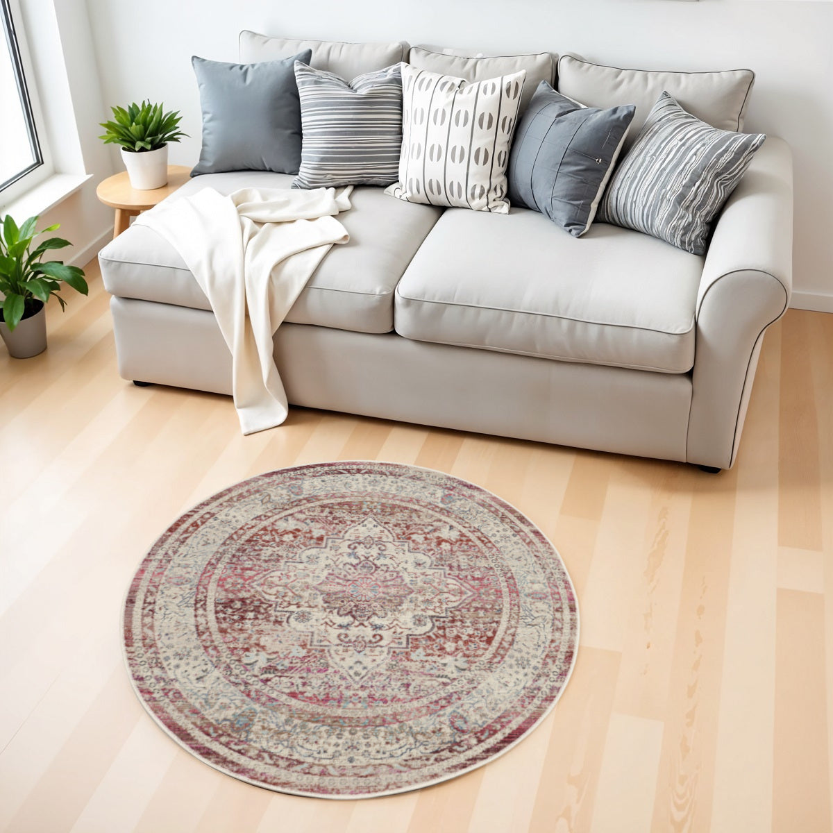 4' Ivory Red And Brown Floral Distressed Round Rug