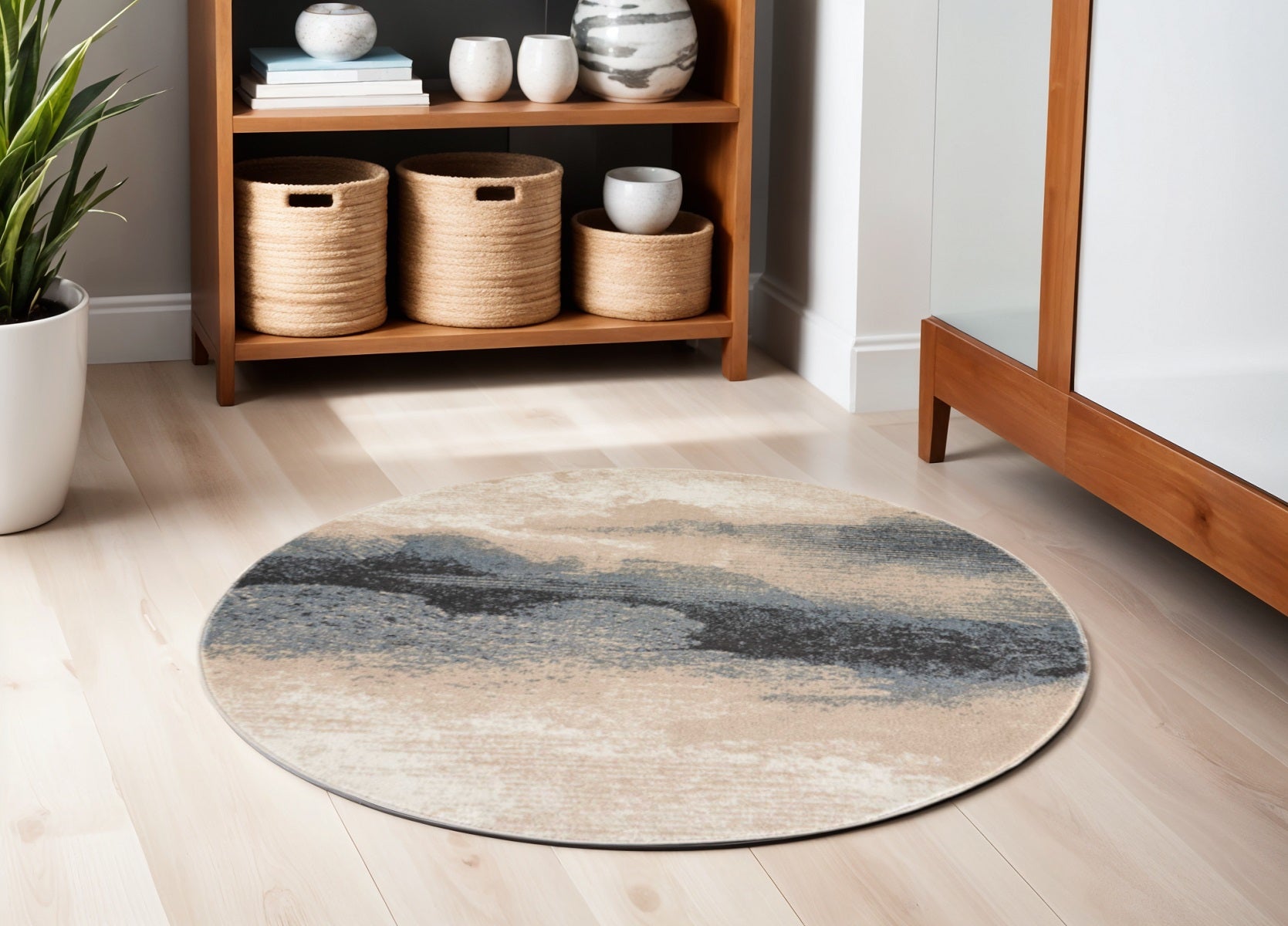 4' Gray Black and Beige Abstract Round Rug