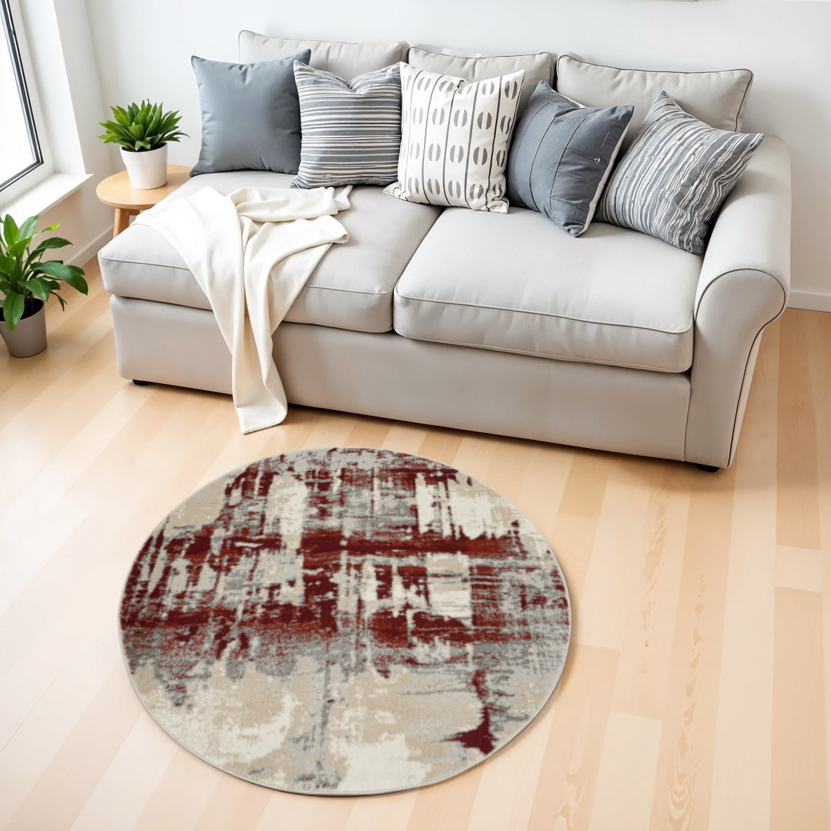 4' Ivory Red and Gray Abstract Round Rug