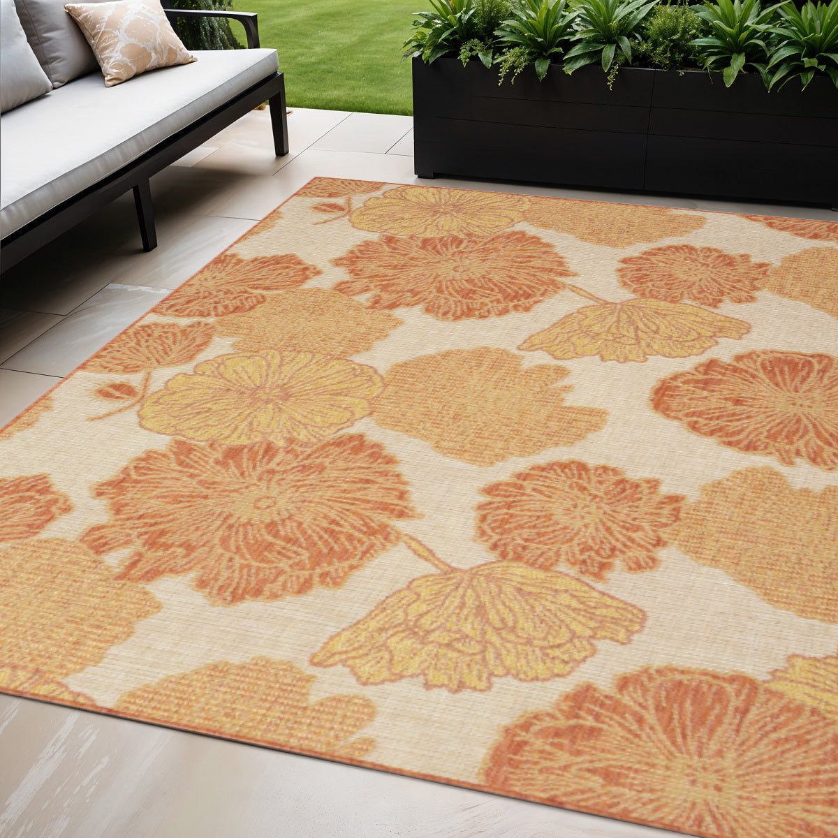 5 X 7 Coral And Ivory Floral Indoor Outdoor Area Rug