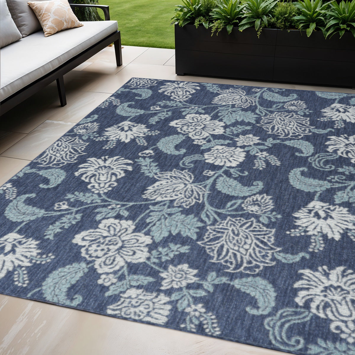 5 X 7 Navy Blue Sky Blue And Ivory Floral Indoor Outdoor Area Rug