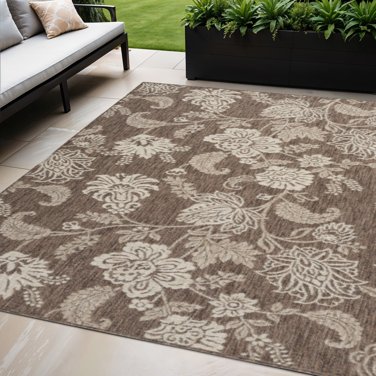 5 X 7 Brown And Ivory Floral Indoor Outdoor Area Rug