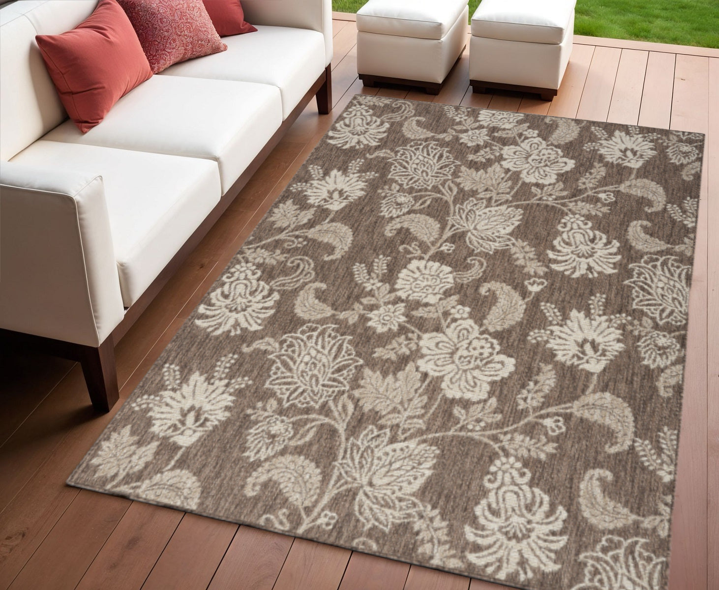 4 X 6 Brown And Ivory Floral Indoor Outdoor Area Rug