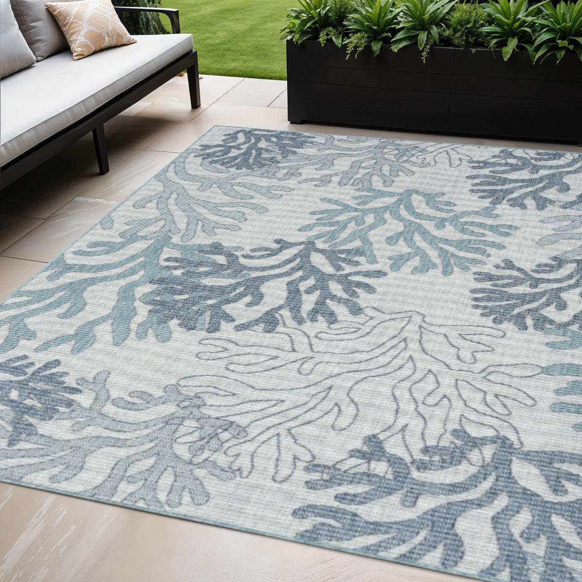 5 X 7 Navy Blue Ivory And Blue Nautical Indoor Outdoor Area Rug
