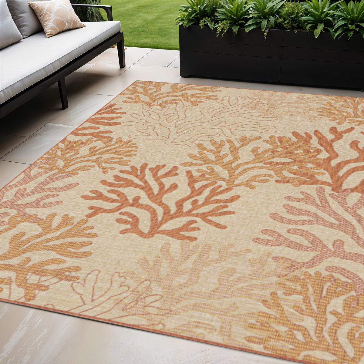5 X 7 Coral And Beige Nautical Indoor Outdoor Area Rug