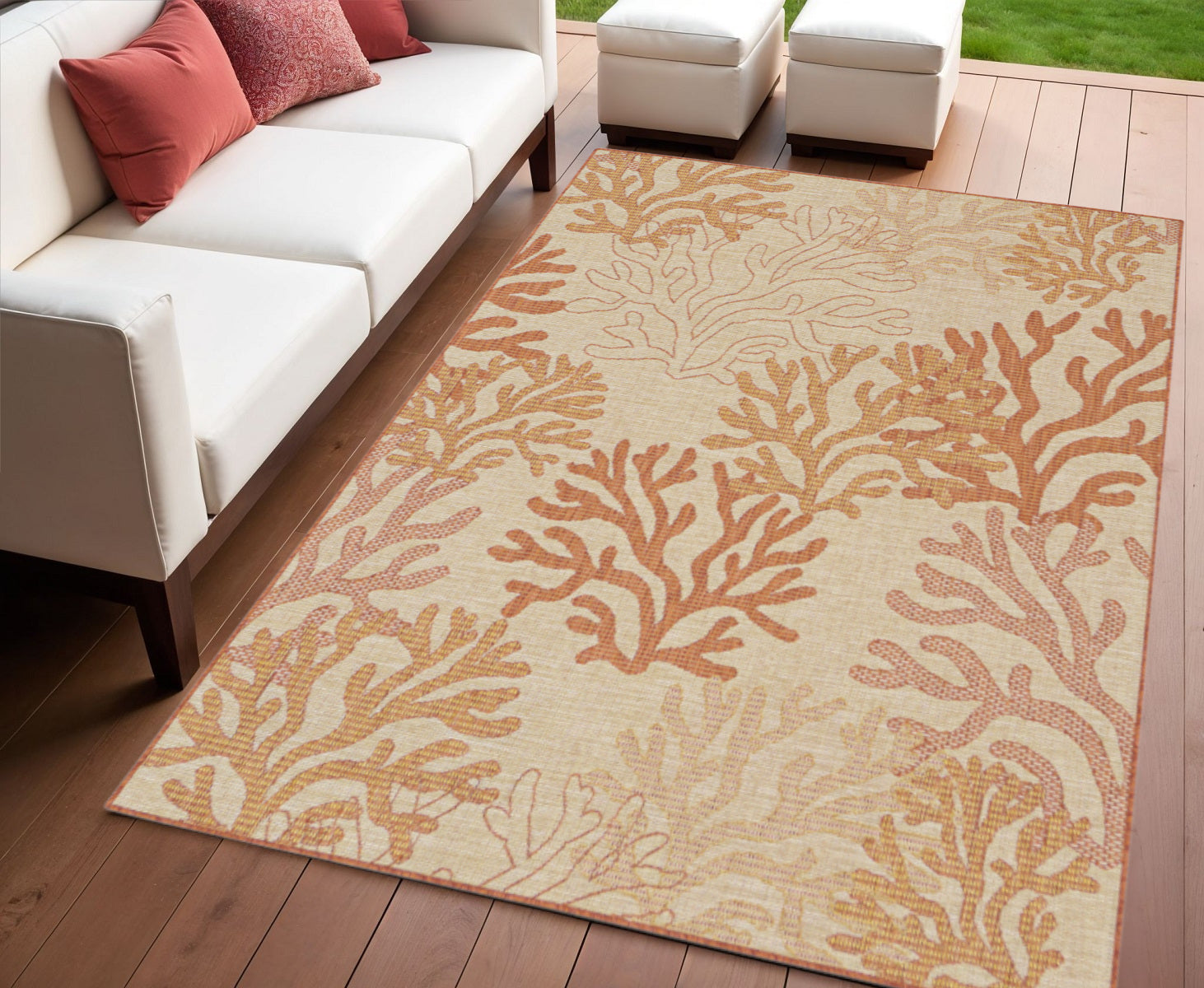 4 X 6 Coral And Beige Nautical Indoor Outdoor Area Rug